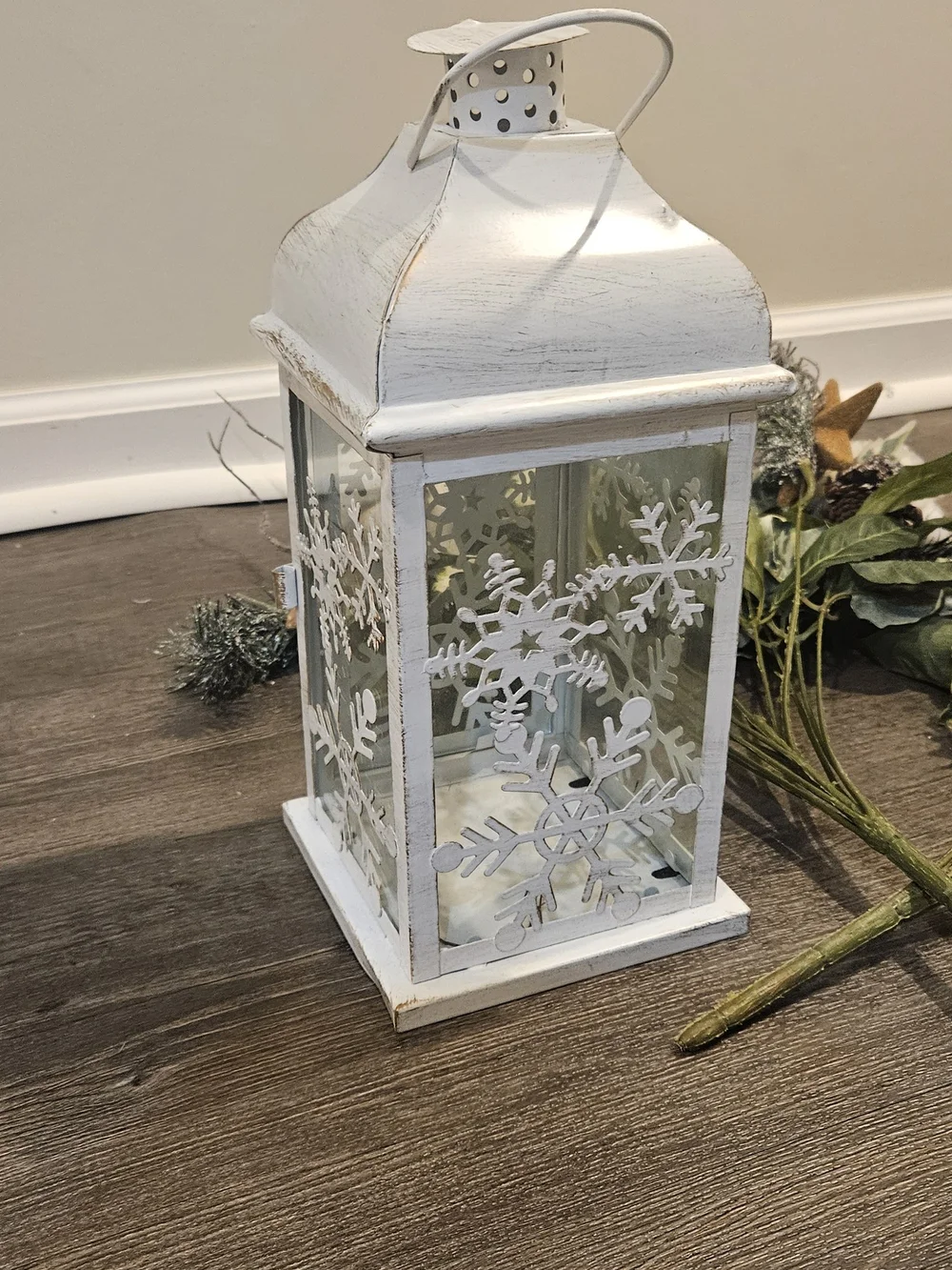 Winter Decor Bundle White Snowflake Lantern With 2 Winter Berry Stems
